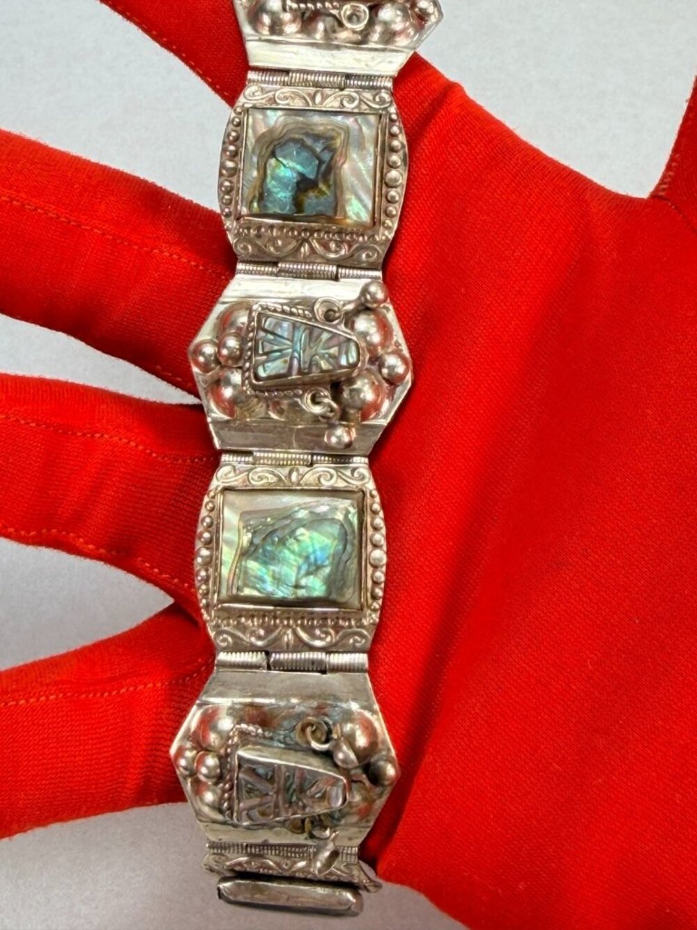 1950's Hecho En Mexico DF MAP Abalone Panel Bracelet w/ Aztec Mask Design